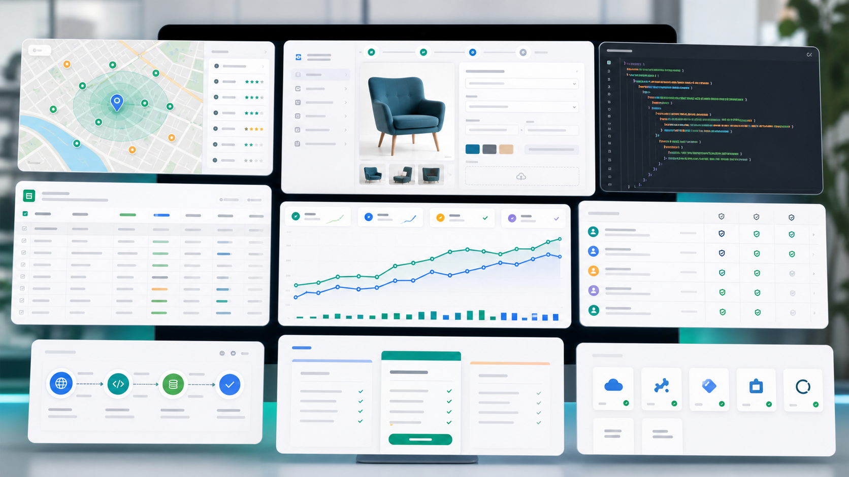 SEO platform modules showing local SEO profiles, ecommerce product schema, JSON-LD preview, bulk metadata, rank tracking, roles, billing, and integrations