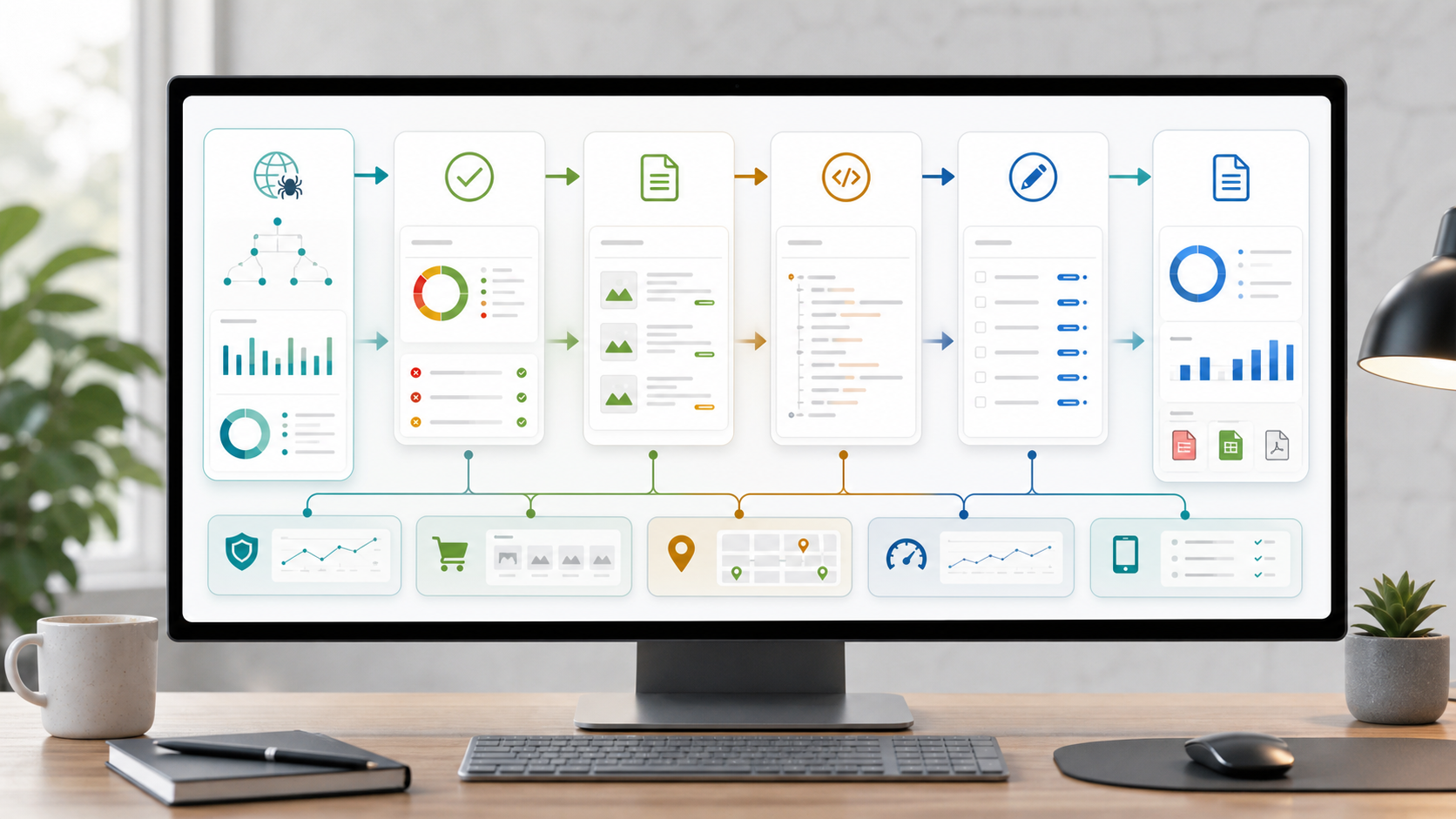 SEO workflow pipeline from crawl ingestion to audit report, content recommendations, schema generation, bulk metadata editing, and exports